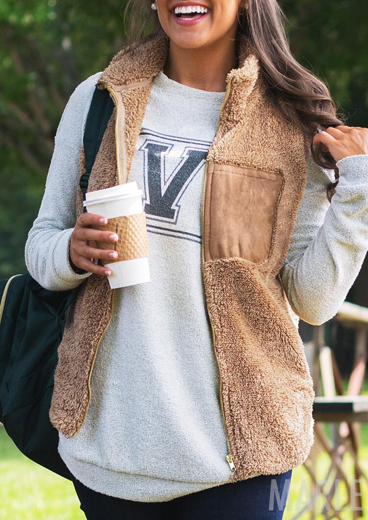 

Brown Zipper Plush Vest Teddy Coat
