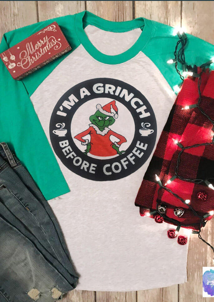 

Christmas I' A Grinch Before Coffee T-Shirt Tee - Light Grey, 457608