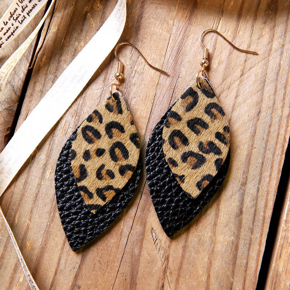 Earrings Leopard Printed Double-Layered Leather Earrings in Black,Silver. Size: One Size