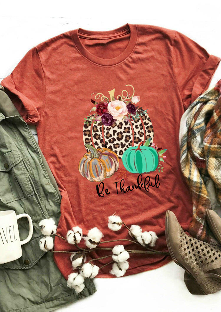 T-shirts Tees Be Thankful Leopard Pumpkin Floral T-Shirt Tee - Brick Red in Red. Size: M,S