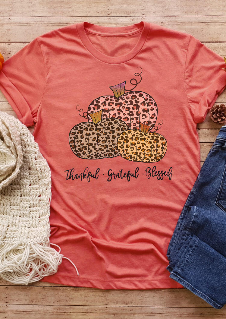 

Thankful Grateful Blessed Leopard Printed Splicing Pumpkin T-Shirt Tee - Orange, 457836