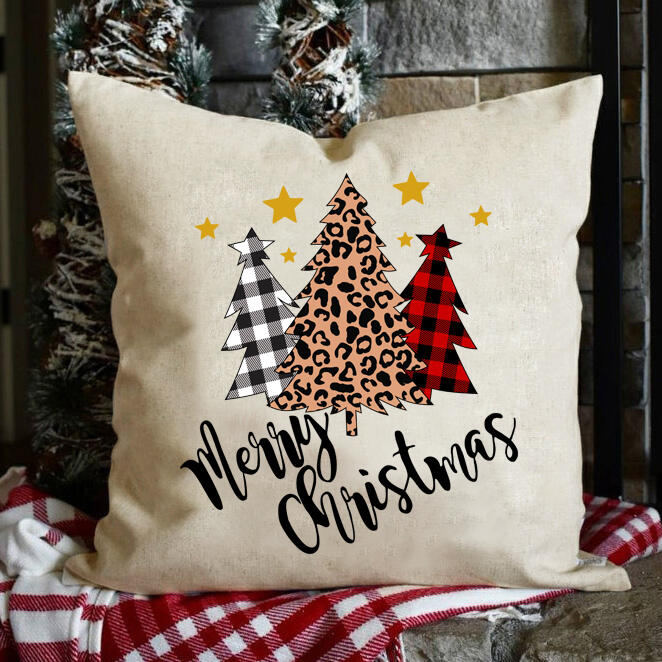 

Plaid Leopard Printed Tree Merry Christmas Pillowcase without Pillow in Light Khaki. Size