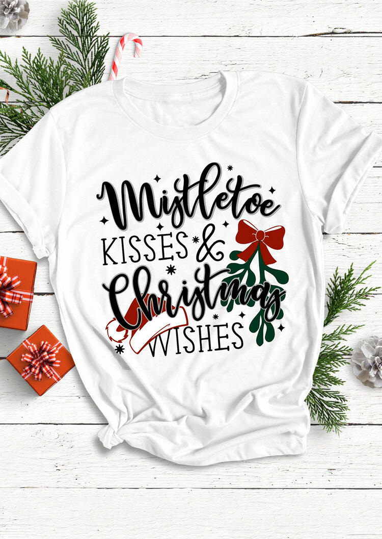 

Tees T-shirts Mistletoe Kisses Christmas Wishes T-Shirt Tee in White. Size