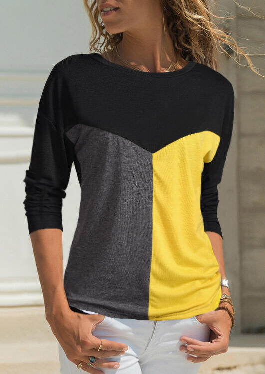 

Black Gray Yellow Color Block Patchwork Long Sleeves Crew Neck T-Shirt for Women