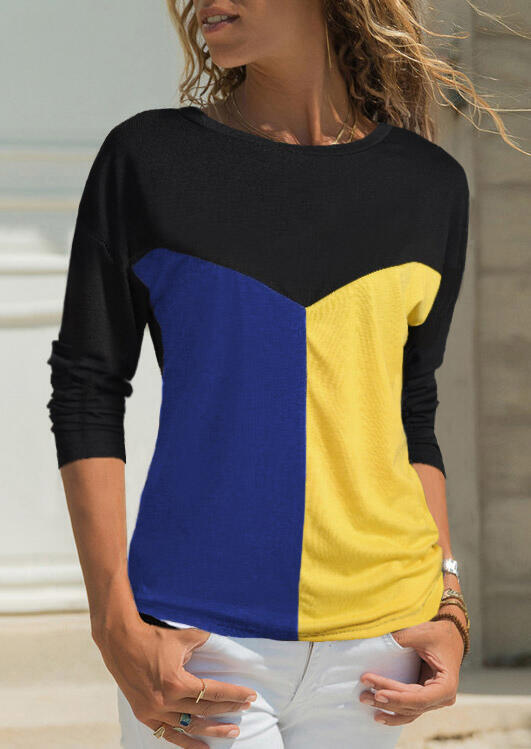 

Color Block Splicing O-Neck T-Shirt Tee without Necklace - Blue, 457503