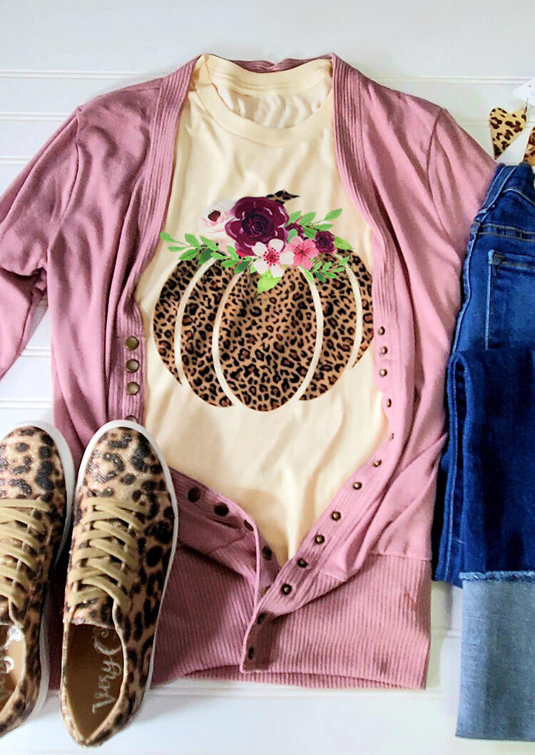 

Floral Leopard Printed Pumpkin T-Shirt Tee - Cream, 457691