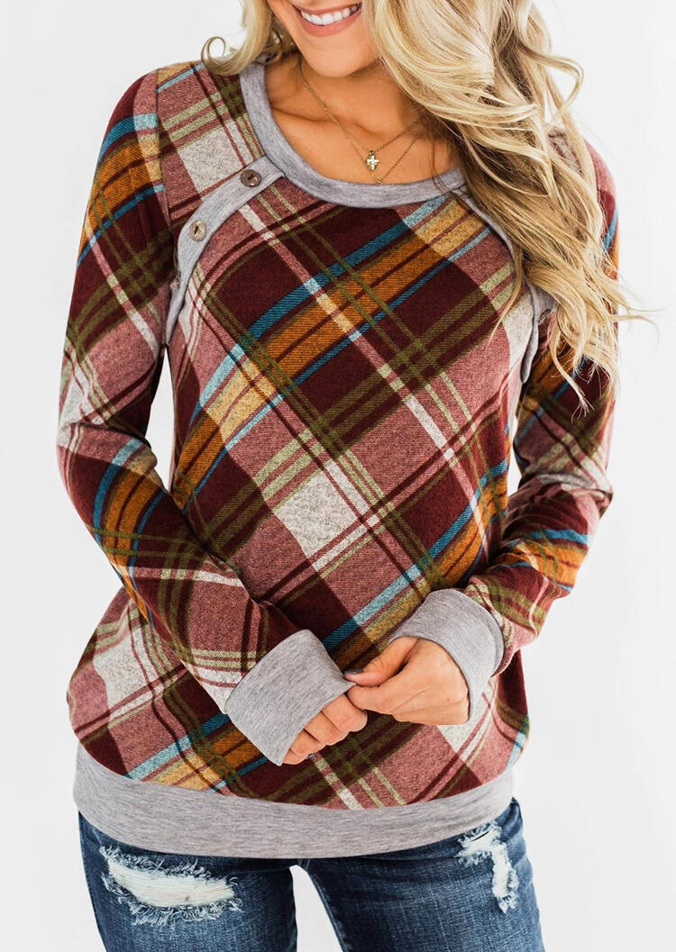 

Blouses Plaid Splicing Button Blouse without Necklace in Multicolor. Size