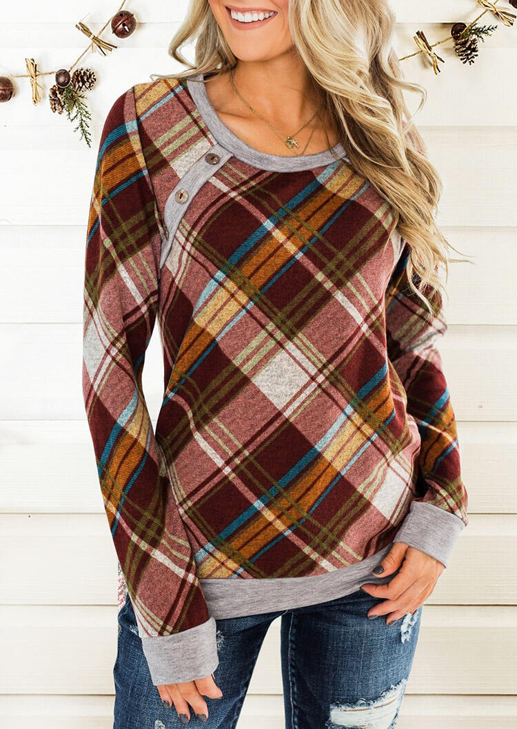 Plaid Splicing Button Blouse without Necklace