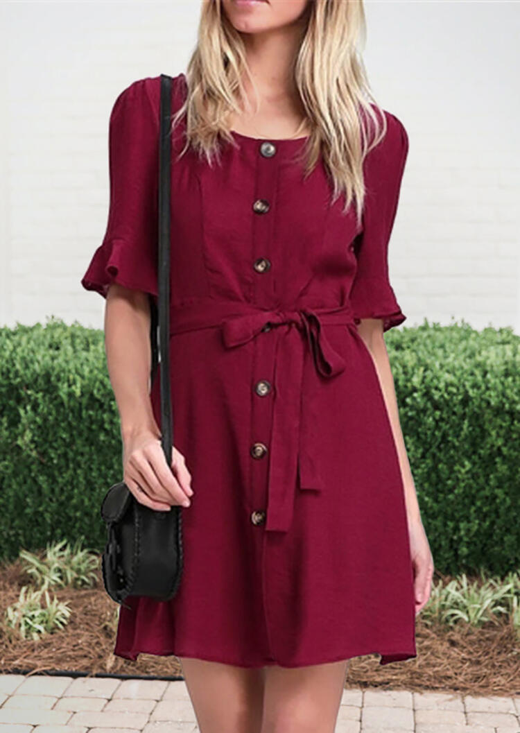 

Solid Button Flare Sleeve Mini Dress - Burgundy, 457712