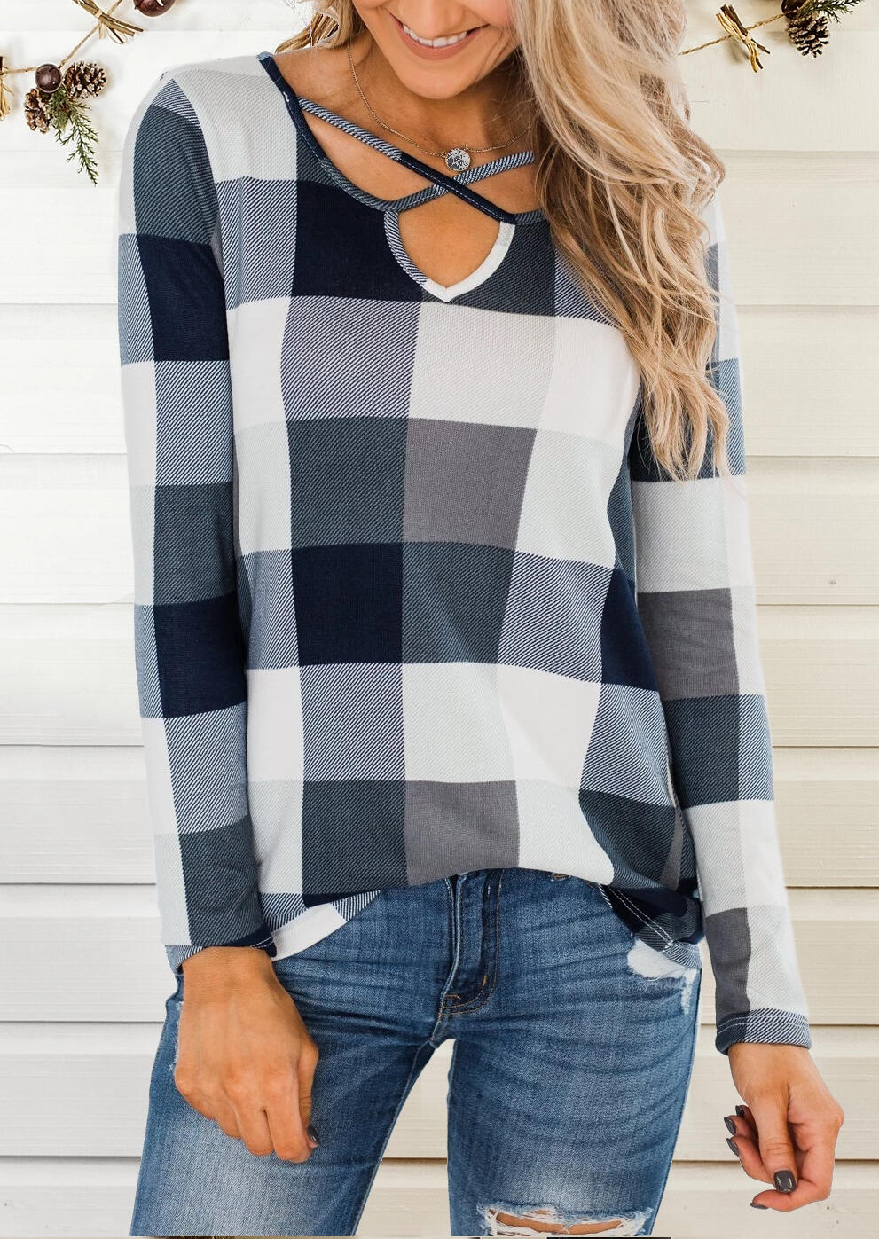 

Blouses Plaid Splicing Criss-Cross Blouse without Necklace. Size