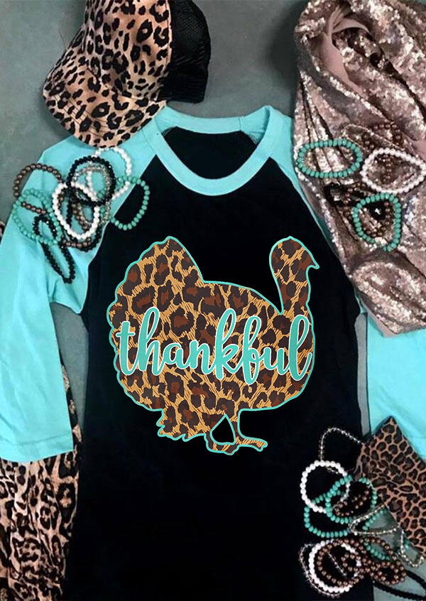 

Leopard Printed Splicing Thankful Turkey T-Shirt Tee - Black, 457841