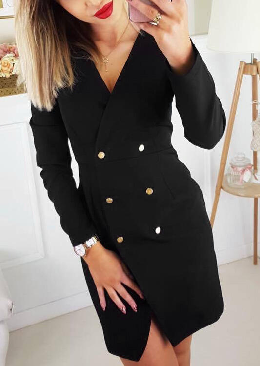 

Solid Button Slit Mini Dress without Necklace - Black, 457865