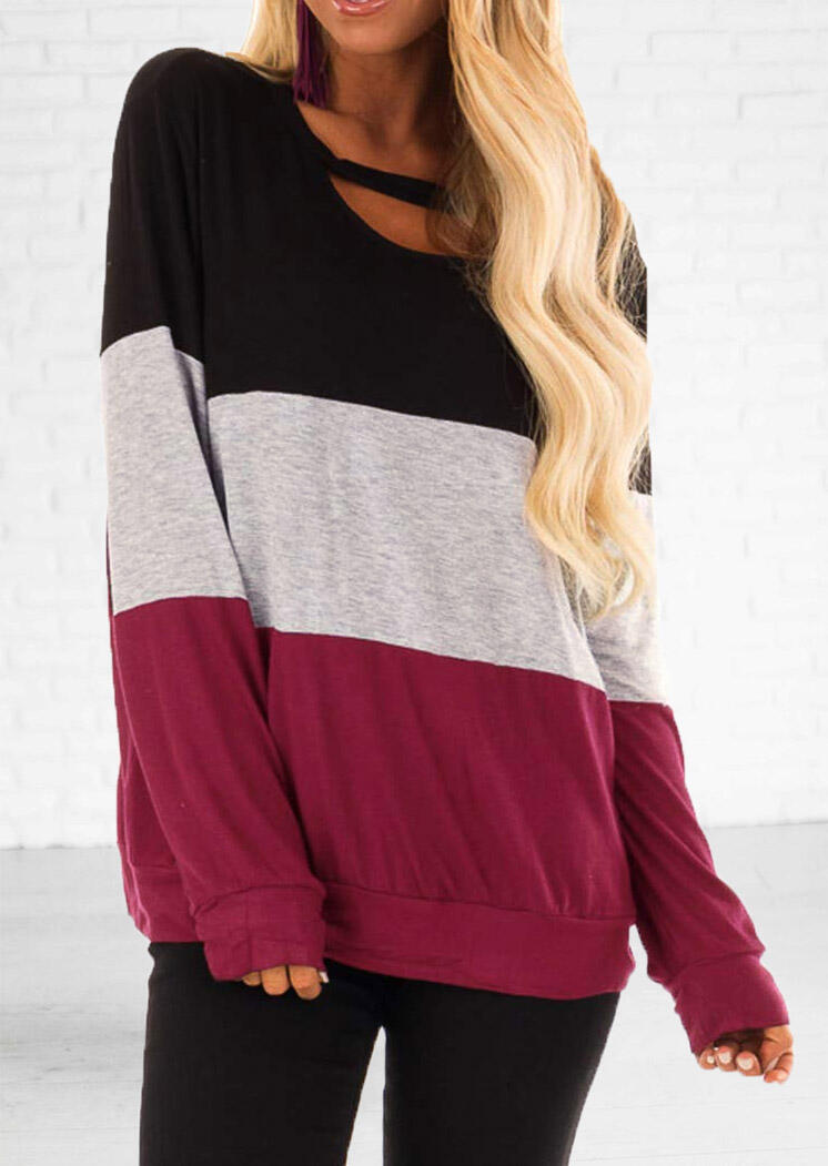 

Blouses Color Block Splicing Hollow Out Blouse - Burgundy. Size: S