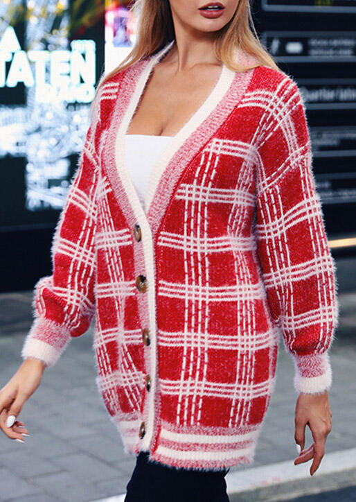 One Size Plaid Splicing Button Cardigan – Red
