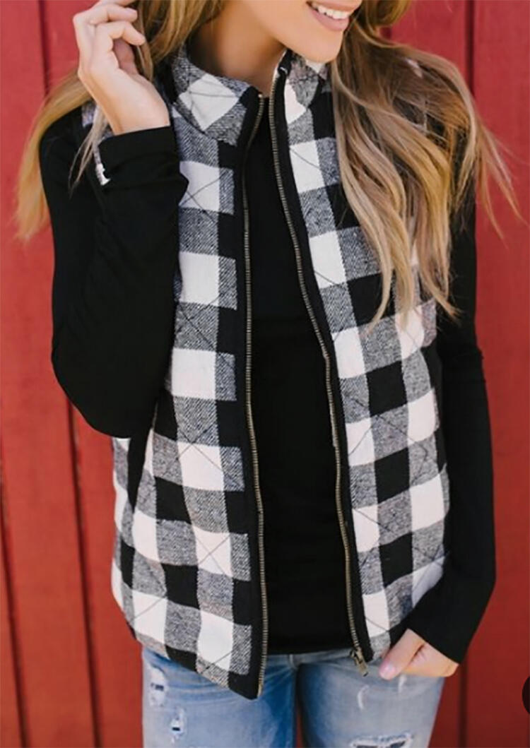 

Coats Plaid Pocket Zipper Sleeveless Vest Coat in Black. Size