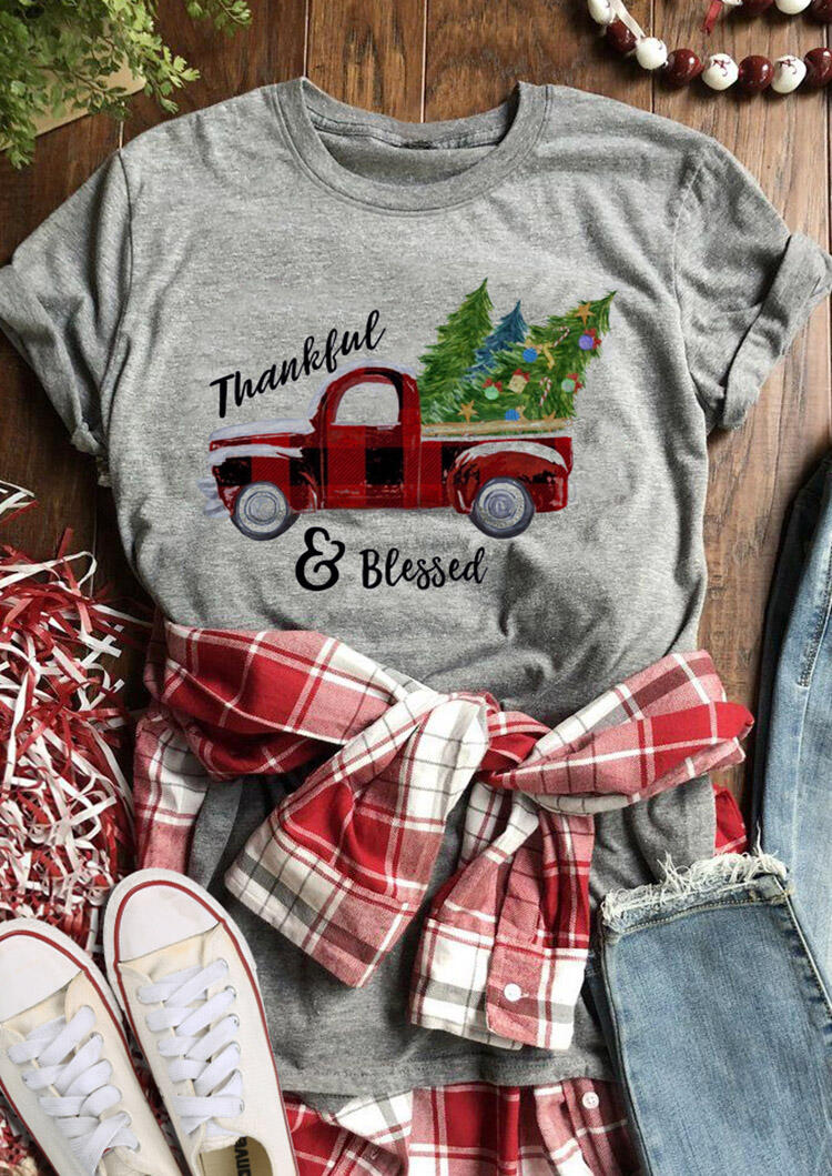 

Tees T-shirts Christmas Tree Thankful Blessed T-Shirt Tee - Gray. Size: M