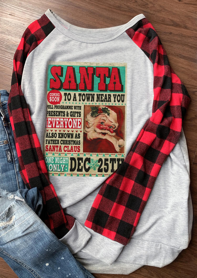 

Christmas Santa Claus Poster Red Plaid T-Shirt, Light grey