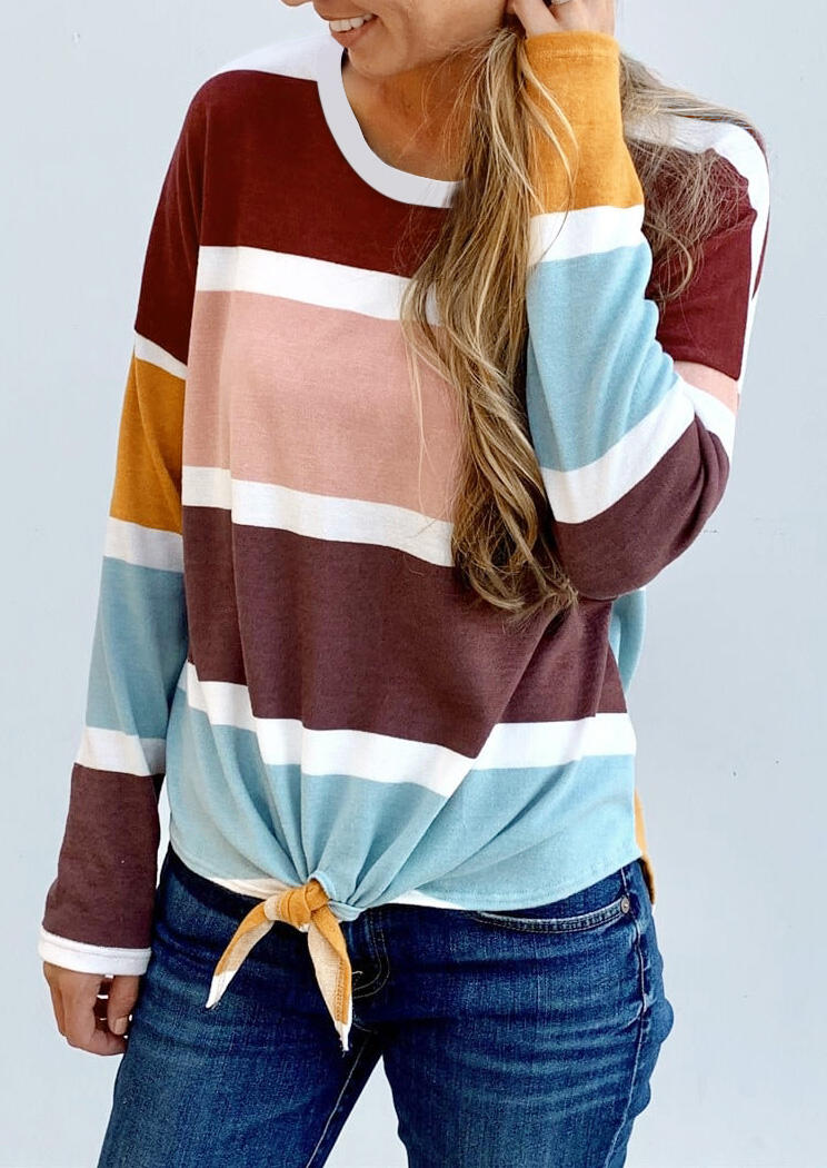 

Colorful Striped Splicing Tie Blouse, Stripe, 457817