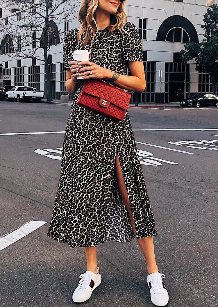 

Leopard Printed Splicing Slit Maxi Dress, 457893