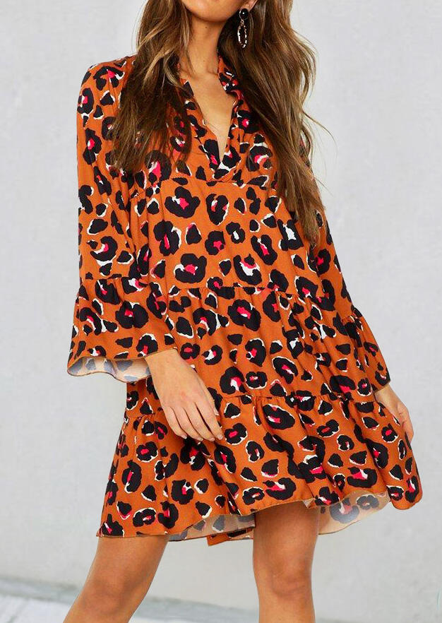 

Mini Dresses Leopard Printed Ruffled V-Neck Mini Dress - Orange. Size