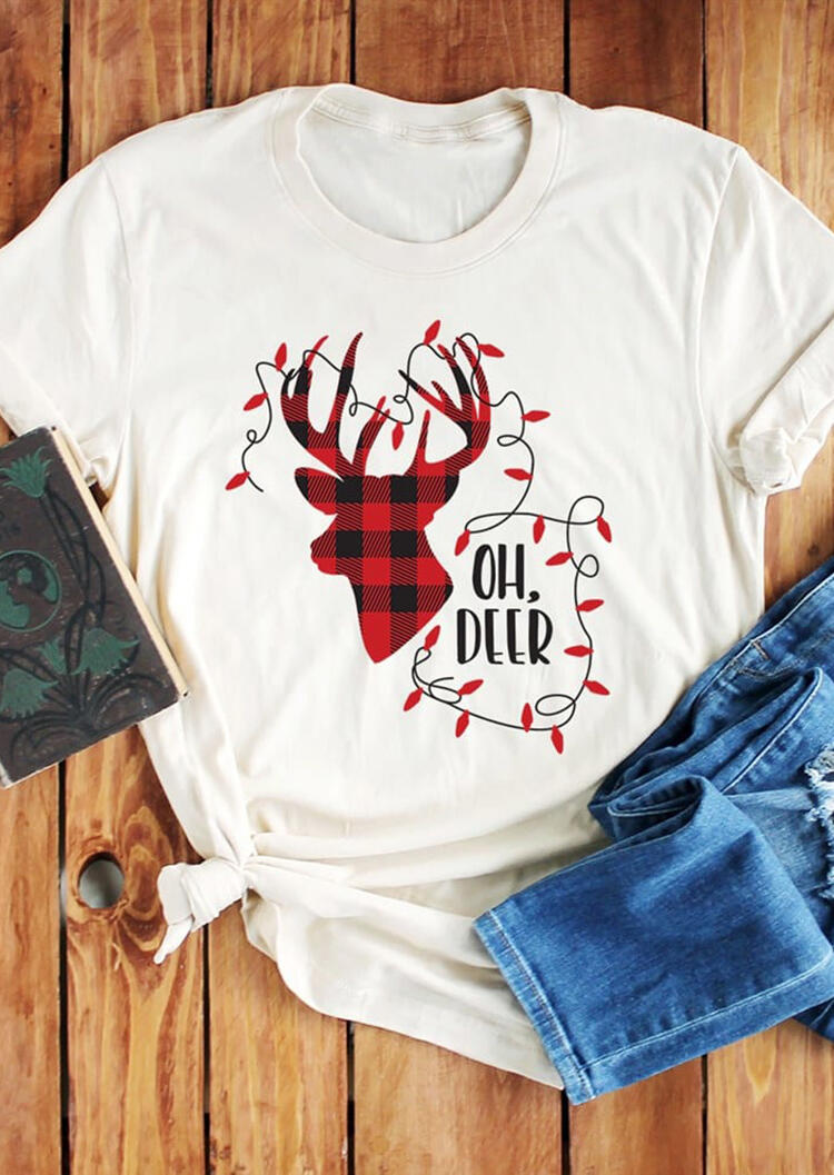 

Oh Deer Plaid Splicing T-Shirt Tee - White, 458001