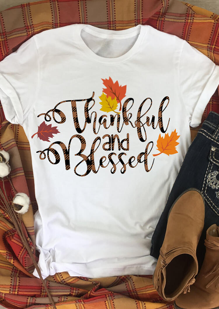 

Thankful And Blessed Maple Leaves T-Shirt Tee - White, 458006