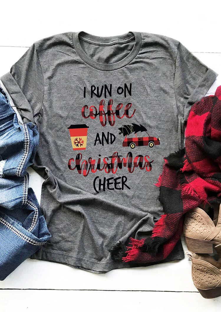 

Plaid I Run On Coffee and Christmas Cheer T-Shirt Tee - Gray, 458013