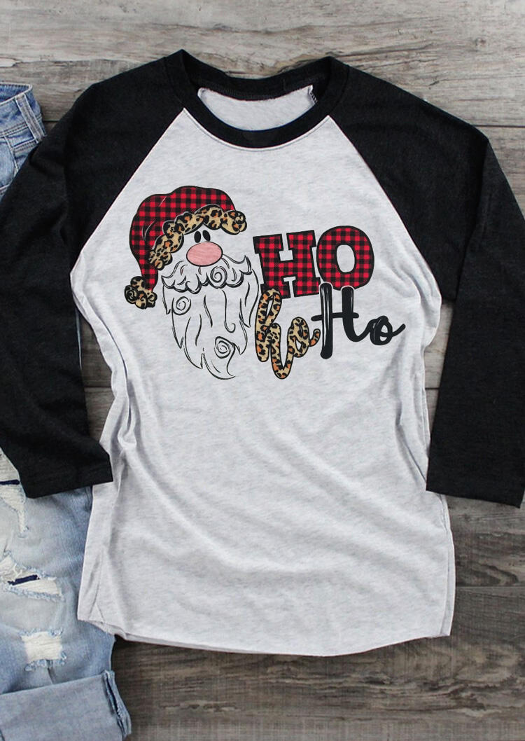 

Plaid Leopard Printed Splicing Hohoho Christmas Santa T-Shirt Tee - Light Grey, 458041