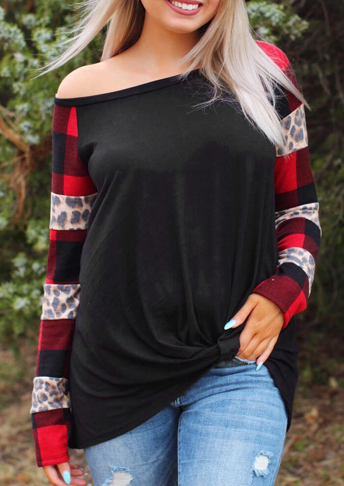 

Leopard Printed Plaid Splicing Blouse - Black, 458074