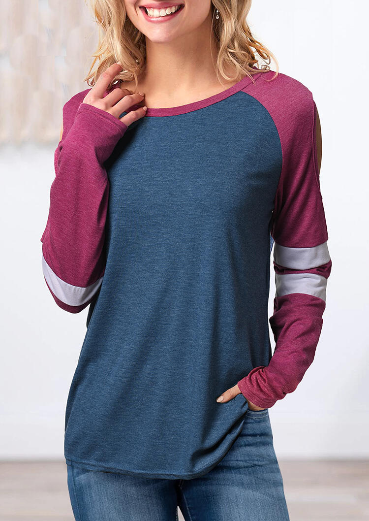 

Color Block Cold Shoulder Blouse - Blue, 457889