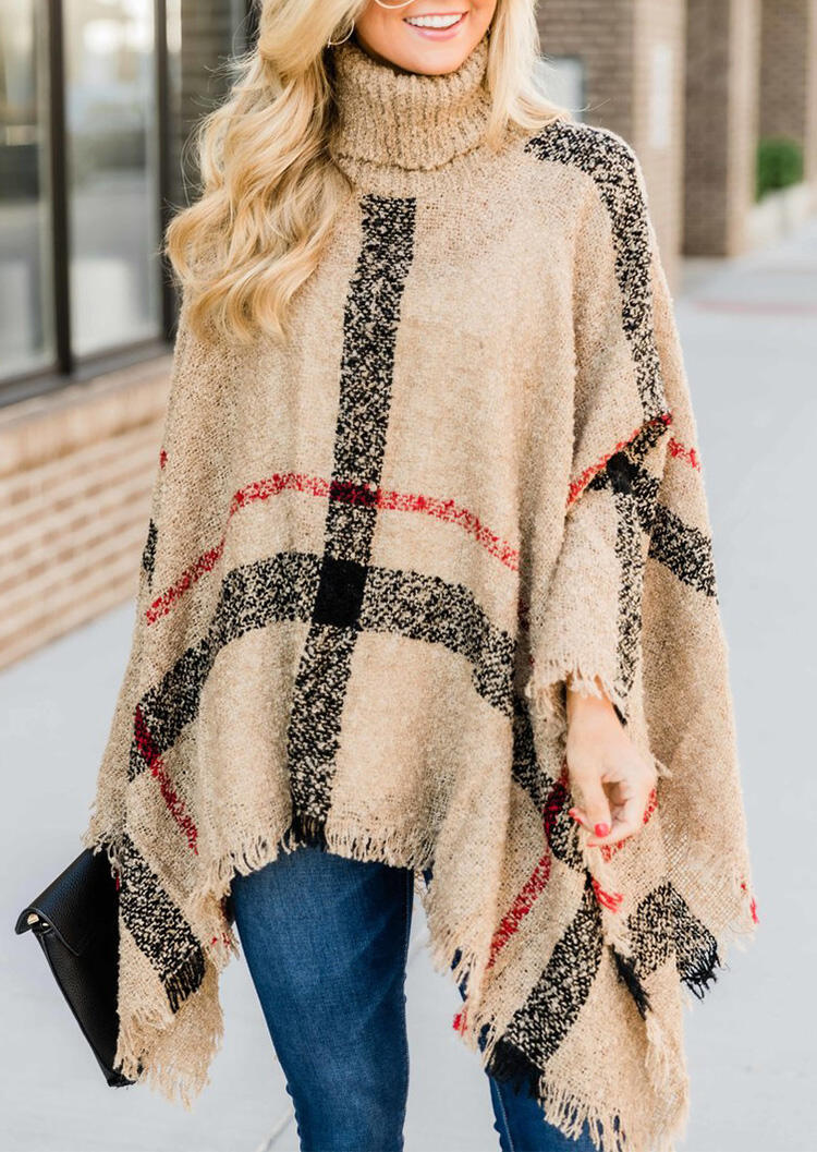 

Striped Tassel Turtleneck Sweater Cape - Khaki, 457902