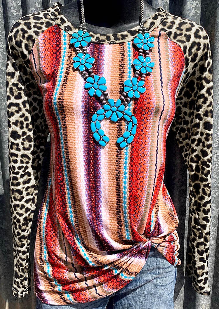 

Tees T-shirts Colorful Striped Leopard Printed Splicing T-Shirt Tee without Necklace. Size, Multicolor