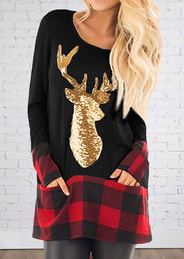 

Elk Head Plaid Pocket Blouse - Black, 457966
