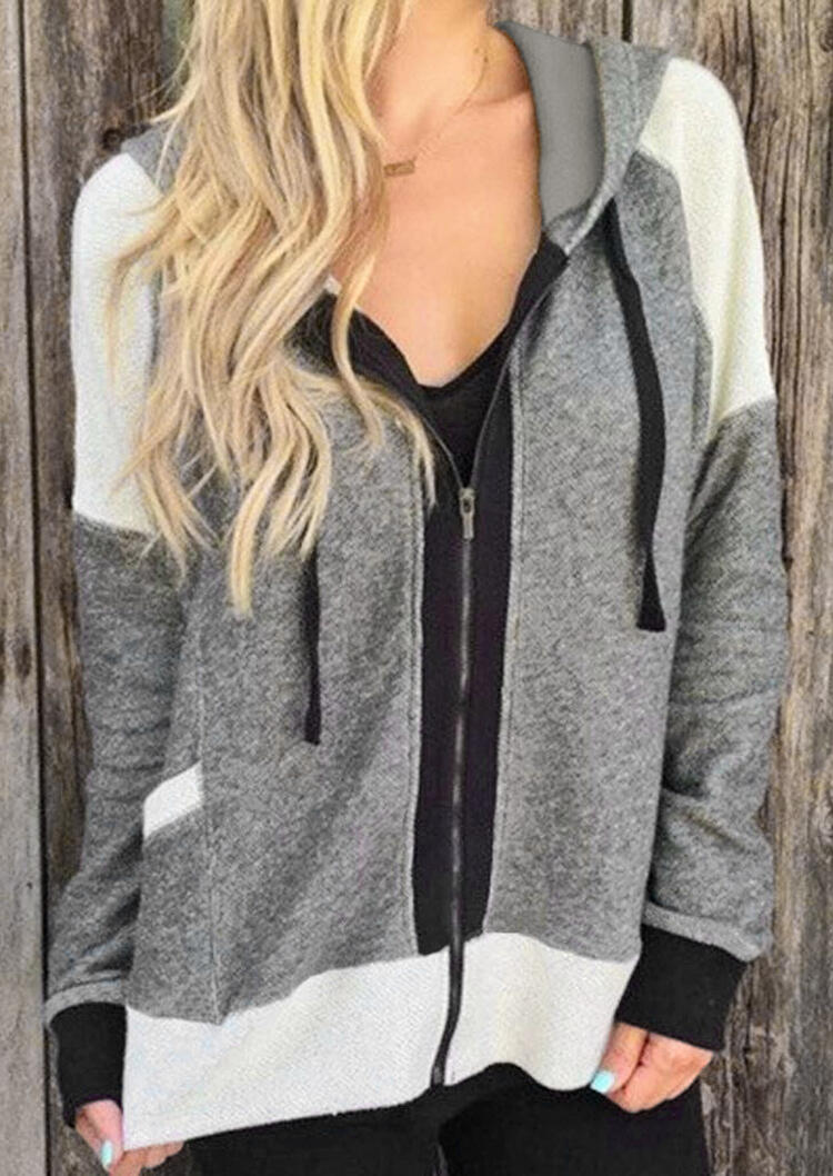 

Coats Color Block Pocket Zipper Hooded Coat - Gray. Size: ,M,XL