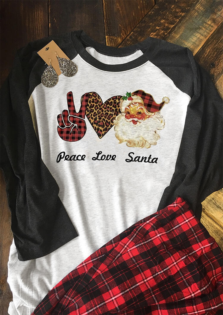 

Peace Love Santa Plaid Leopard Splicing T-Shirt Tee - Gray, 457995