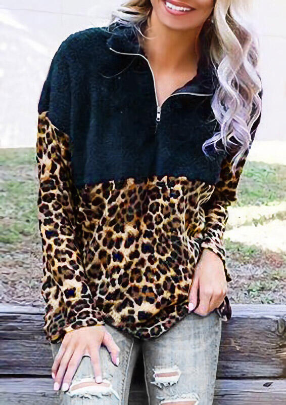 

Color Block Leopard Printed Splicing Sweatshirt, 458031