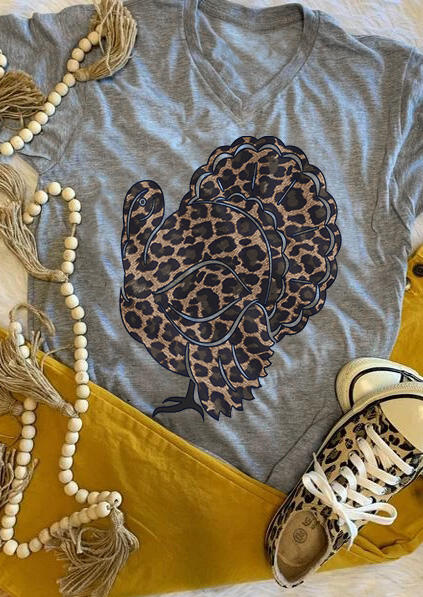 

Leopard Printed Splicing Turkey T-Shirt Tee - Gray, 458054