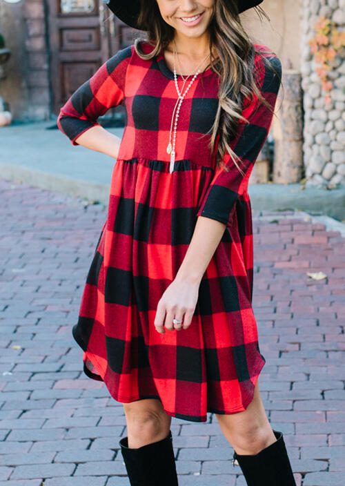 

Plaid Splicing Ruffled Asymmetric Mini Dress without Necklace - Red, 458085