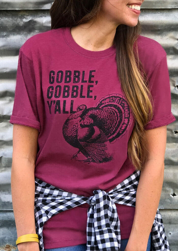 

Thanksgiving Gobble Gobble Y'all Turkey T-Shirt Tee - Purple, 458105