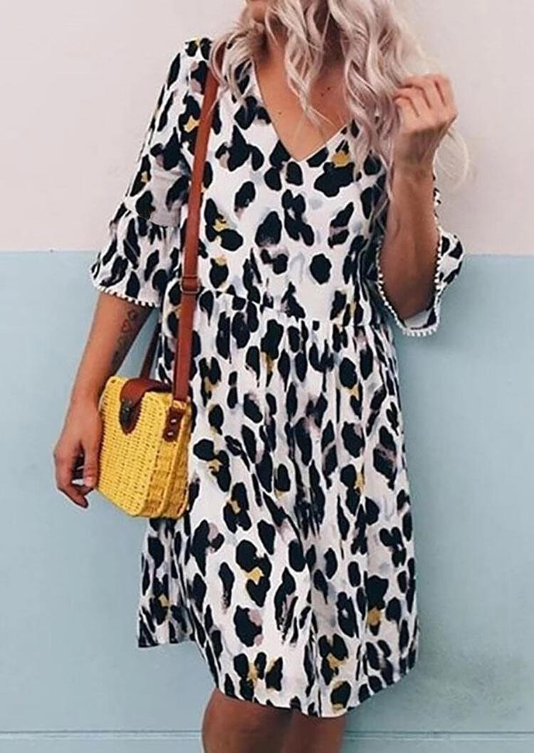 

Leopard Printed Ruffled V-Neck Casual Dress - White, 458117