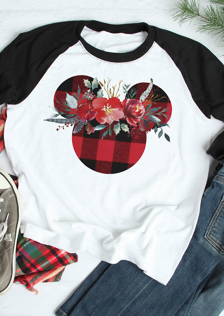 

Plaid Splicing Cartoon Christmas T-Shirt Tee - White, 458121