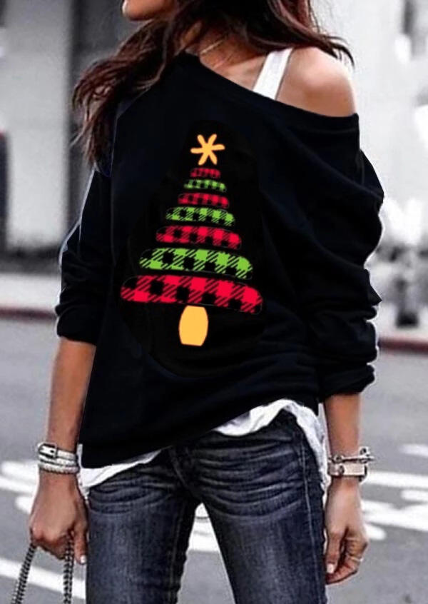 

Plaid Splicing Christmas Tree Slash Neck Blouse - Black, 458130
