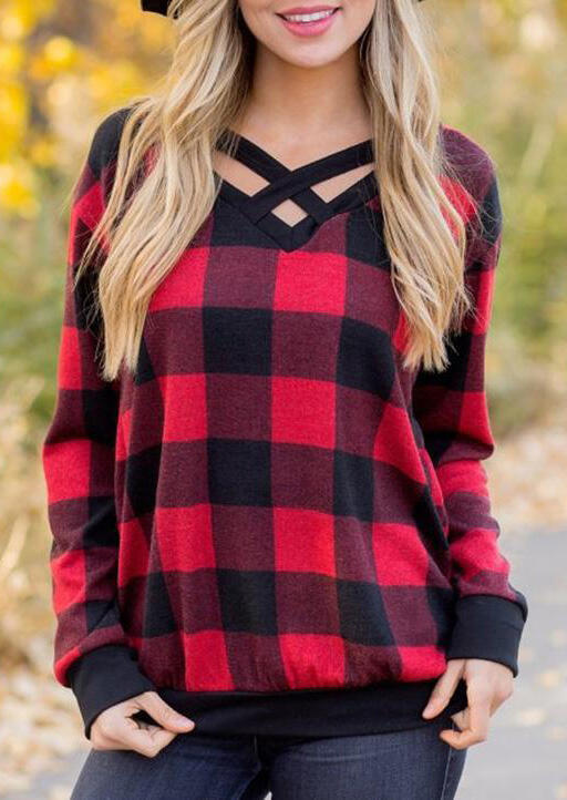 

Plaid Splicing Criss-Cross Blouse - Red, 458132