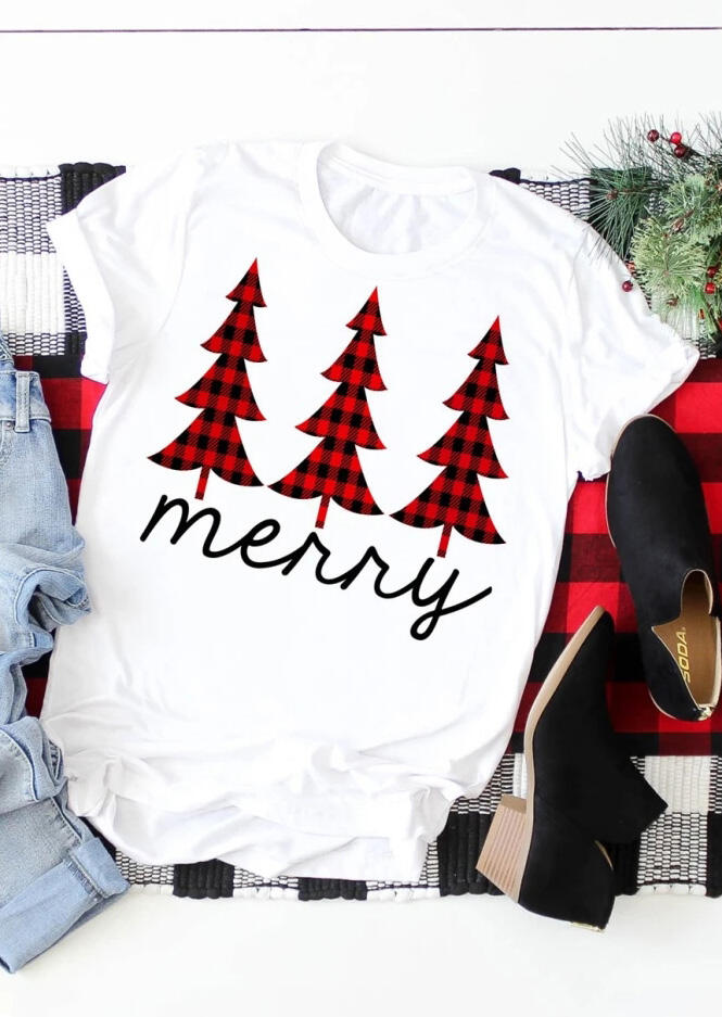 

Plaid Christmas Trees Merry T-Shirt Tee - White, 458135