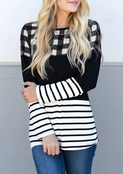 

Plaid Splicing Striped O-Neck Blouse - White, 458137
