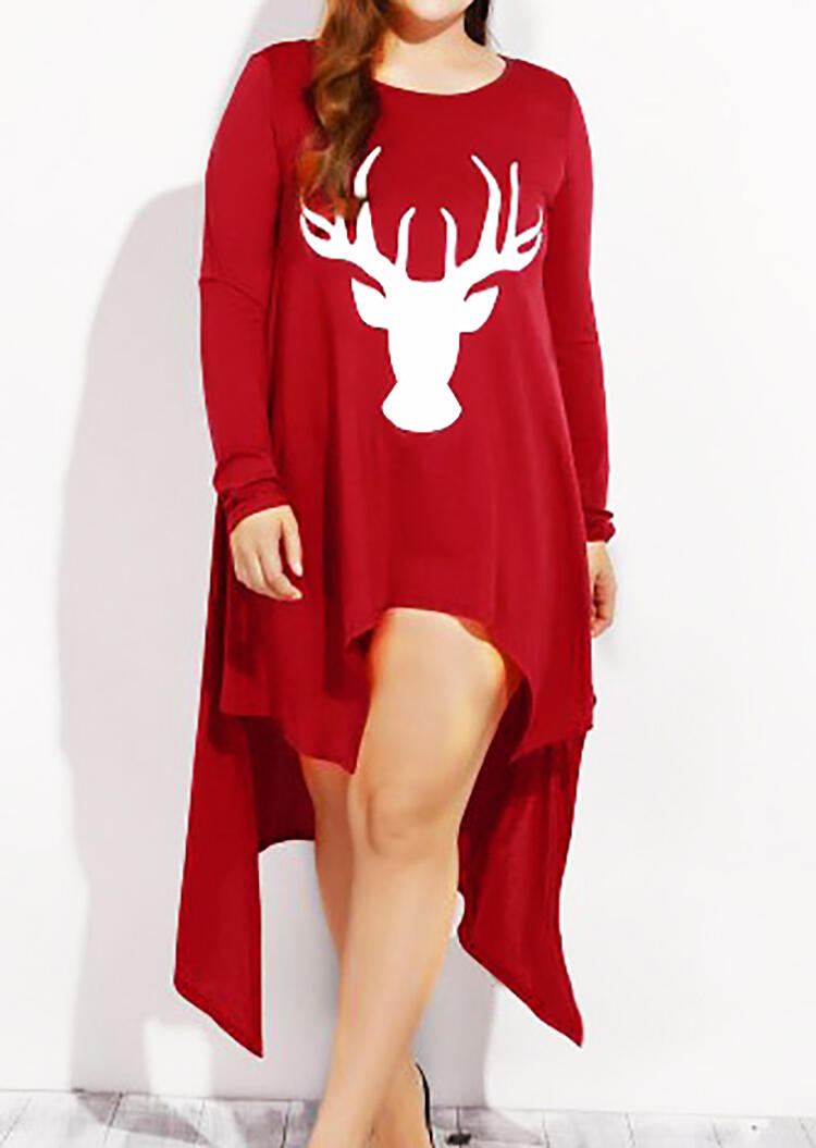 

Plus Size Dresses Christmas Reindeer Printed Asymmetric Long Sleeve Dress. Size: ,XL, Red