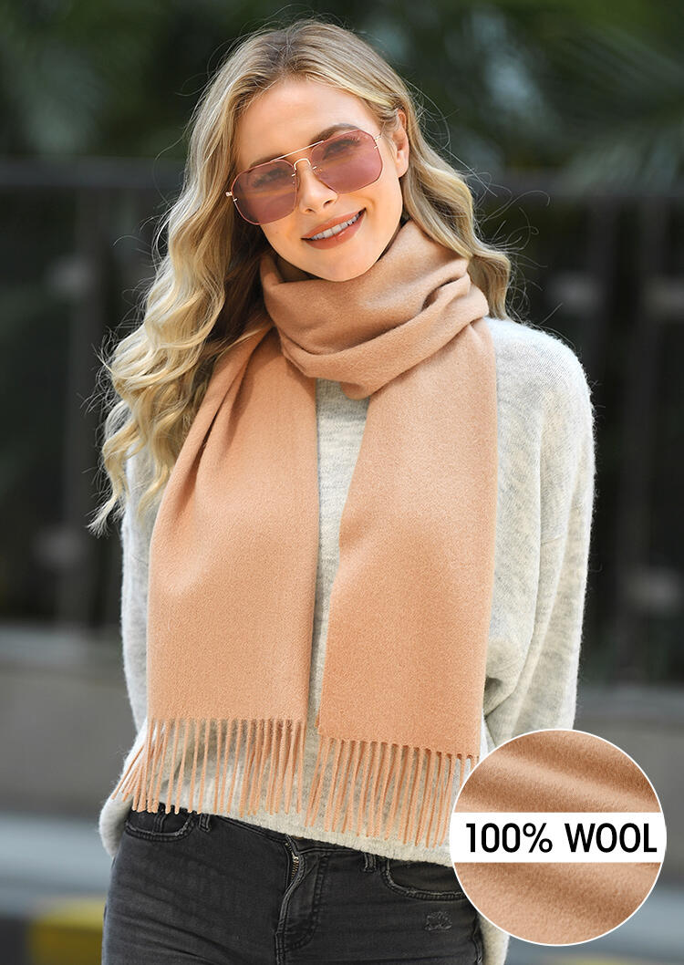 

Feelily Solid Tassel 100% Wool Scarf, Camel, 456151