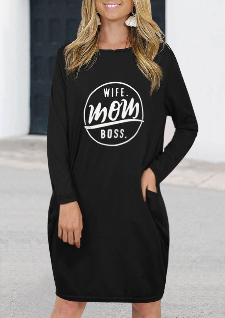

Wife Mom Boss Pocket O-Neck Mini Dress - Black, 457982