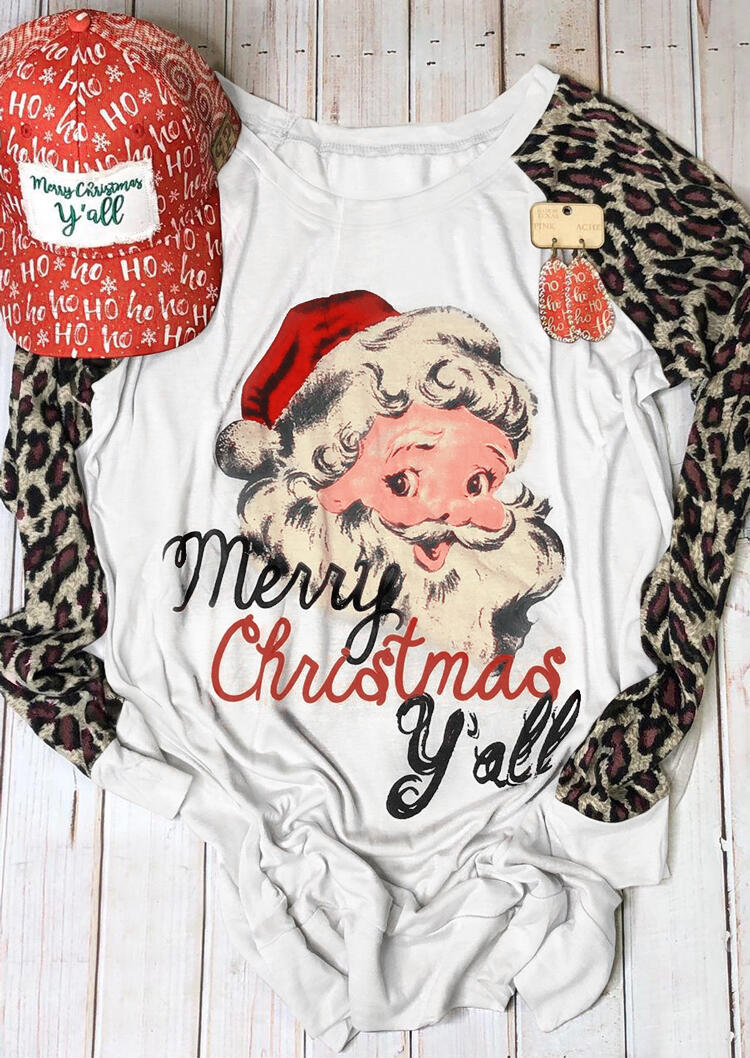 

Merry Christmas Y'all Leopard Printed Splicing T-Shirt Tee - White, 458116