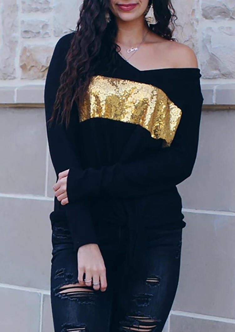 

Golden Sequined Color Block Splicing V-Neck Black Long Sleeves T-Shirt